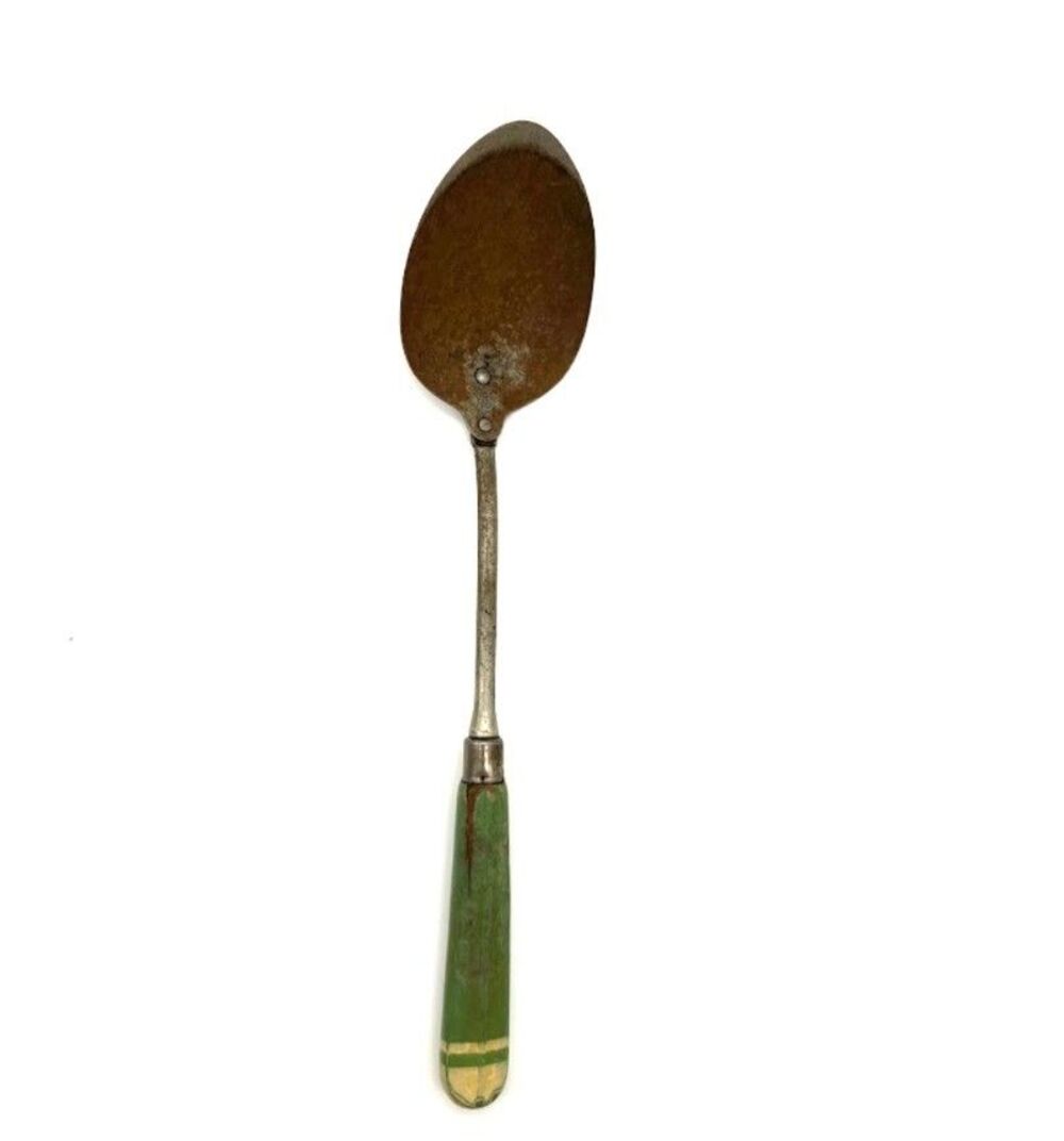 Vintage A&J Green Wood Handle Serving Spoon Primitive Kitchen Utensil 11.5"